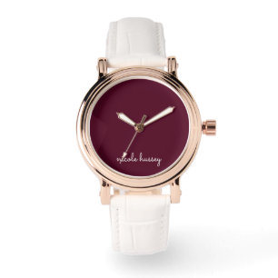 Burgundy Script Stylish Monogram Modern Watch
