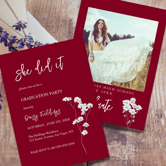 Burgundy She Did It Graduation Photo Invitation (Creator Uploaded)
