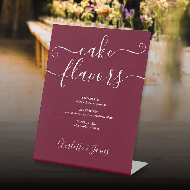 Burgundy Signature Script Cake Flavours Pedestal Sign (Burgundy Signature Script Cake Flavors Pedestal Sign)