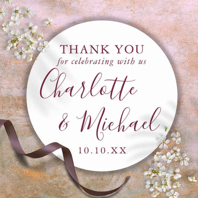 Burgundy Signature Script Favour Thank You Classic Round Sticker (Burgundy Signature Script Favor Thank You Classic Round Sticker)