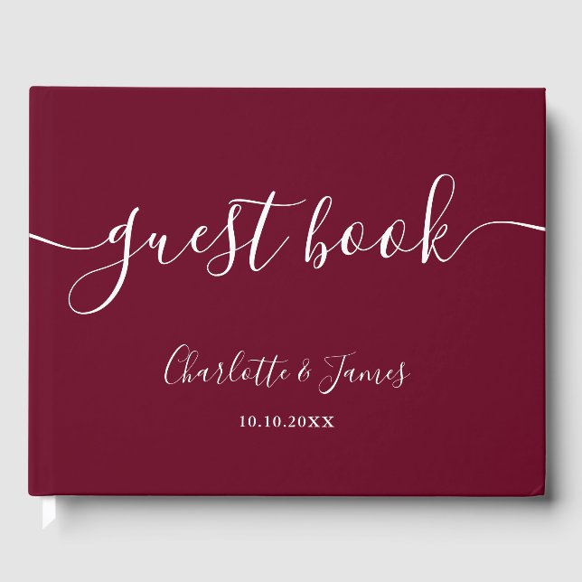 Burgundy Signature Script Wedding Guest Book (Front)