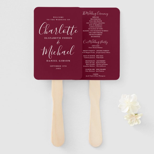 Burgundy Signature Script Wedding Program Hand Fan (Front and Back)