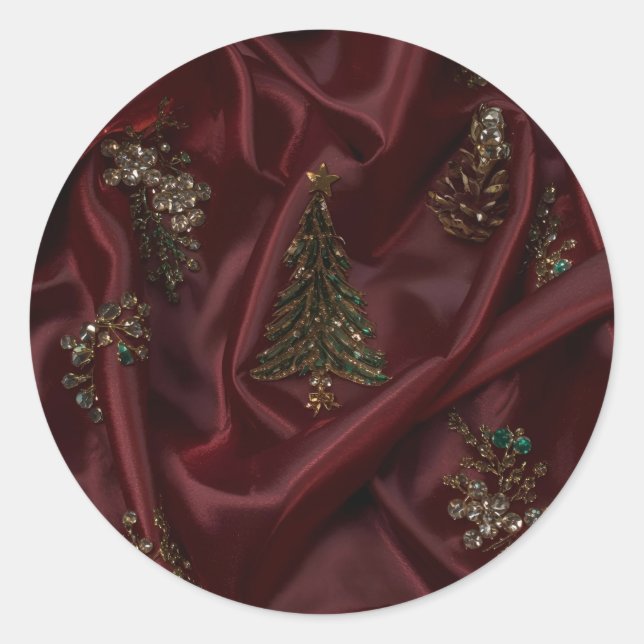 Burgundy Silk-Look Diamond Encrusted Classic Round Sticker (Front)