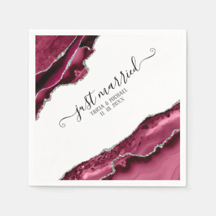 Burgundy & Silver Agate Borders Just Married Napkin