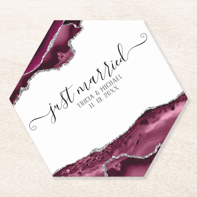 Burgundy & Silver Agate Borders Just Married Paper Coaster (Front)