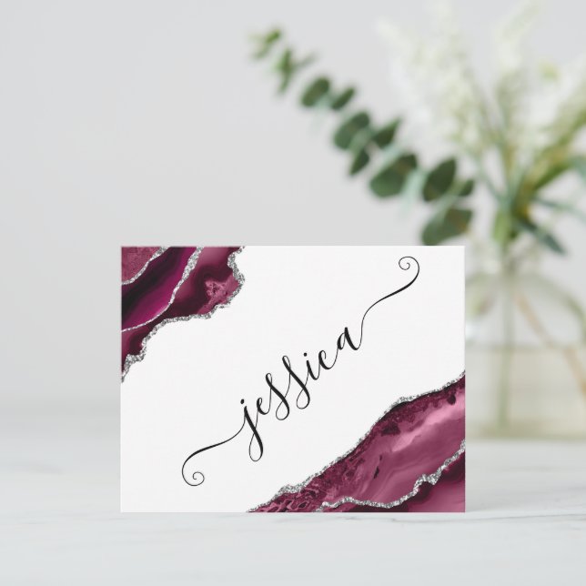 Burgundy & Silver Agate Borders Personalised Card (Standing Front)