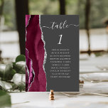 Burgundy Silver Agate Charcoal Grey Wedding Table Number<br><div class="desc">The left-hand edge of this elegant modern wedding table number card features a burgundy red watercolor agate border trimmed with faux silver glitter. The word "table" appears in white handwriting script on a charcoal grey background. Add the names of your guests who are assigned to each table.</div>