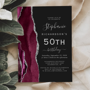 Burgundy Silver Agate Dark 50th Birthday Party Invitation