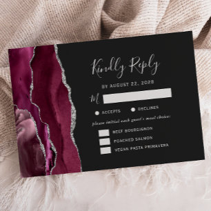 Burgundy Silver Agate Dark Meal Options Wedding RSVP Card