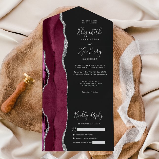 Burgundy Silver Agate Dark Wedding All In One Invitation (Creator Uploaded)