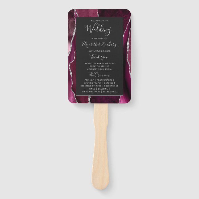 Burgundy Silver Agate Dark Wedding Program Hand Fan (Front)