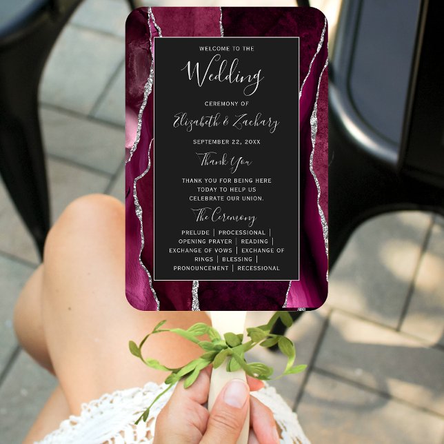 Burgundy Silver Agate Dark Wedding Program Hand Fan (Creator Uploaded)