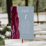 Burgundy Silver Agate Dusty Blue Wedding Table Number<br><div class="desc">The left-hand edge of this elegant modern wedding table number card features a burgundy red watercolor agate border trimmed with faux silver glitter. The word "table" appears in white handwriting script on a dusty blue background. Add the names of your guests who are assigned to each table.</div>