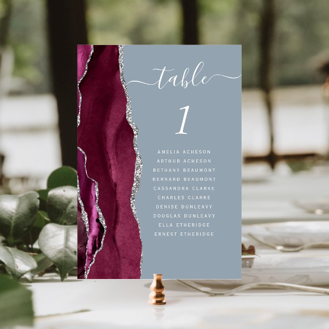 Burgundy Silver Agate Dusty Blue Wedding Table Number (Creator Uploaded)
