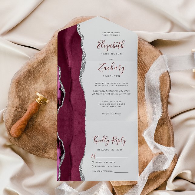 Burgundy Silver Agate Gray Wedding All In One Invitation (Creator Uploaded)