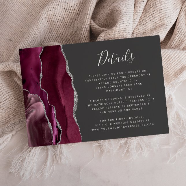 Burgundy Silver Agate Grey Wedding Details Enclosure Card (Creator Uploaded)