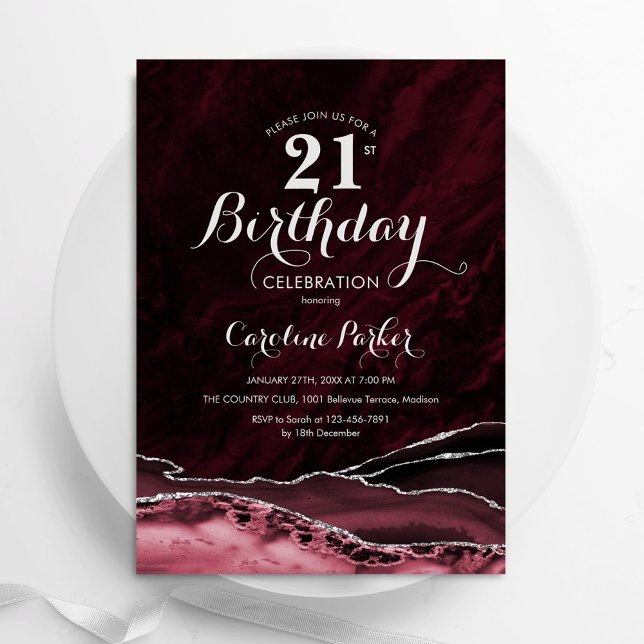 Burgundy Silver Agate Marble 21st Birthday Invitation (Creator Uploaded)