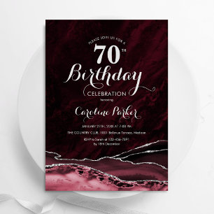 Burgundy Silver Agate Marble 70th Birthday Invitation