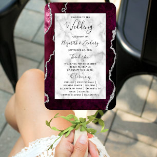 Burgundy Silver Agate Marble Wedding Program Hand Fan