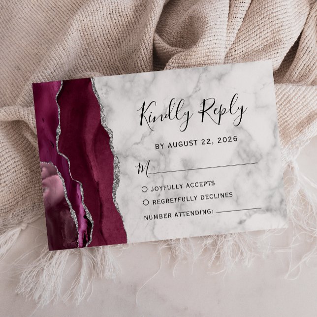 Burgundy Silver Agate Marble Wedding RSVP Card (Creator Uploaded)