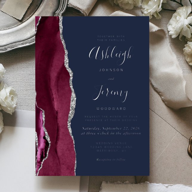 Burgundy Silver Agate Navy Blue Modern Wedding (Creator Uploaded)