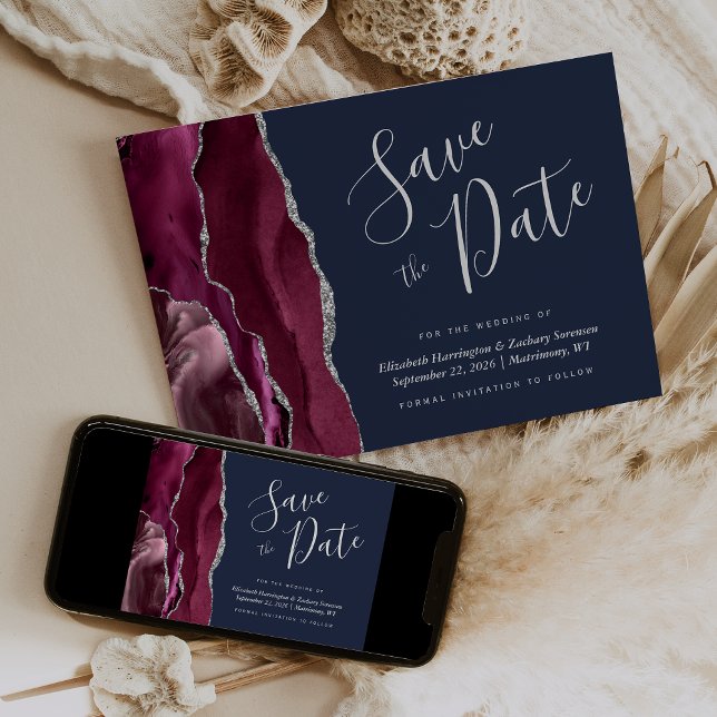 Burgundy Silver Agate Navy Blue Save the Date Invitation (Creator Uploaded)