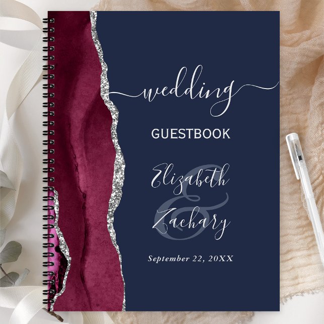 Burgundy Silver Agate Navy Blue Wedding Guest Notebook (Creator Uploaded)