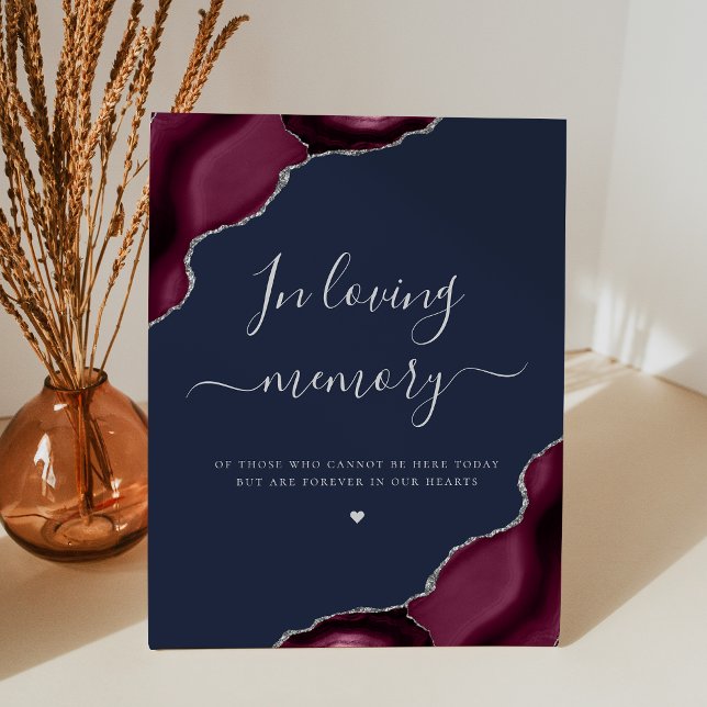 Burgundy Silver Agate Navy Blue Wedding Memorial Pedestal Sign (Creator Uploaded)