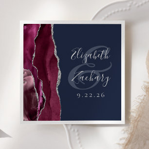 Burgundy Silver Agate Navy Blue Wedding Napkin