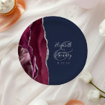 Burgundy Silver Agate Navy Blue Wedding Paper Plate<br><div class="desc">These elegant modern wedding plates feature a burgundy watercolor design trimmed with faux silver glitter. Easily customise the silver grey text on a navy blue background,  with the names of the bride and groom in handwriting calligraphy over a large ampersand.</div>