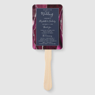Burgundy Silver Agate Navy Blue Wedding Program Hand Fan