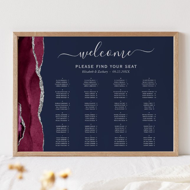 Burgundy Silver Agate Navy Blue Wedding Seating Poster (Creator Uploaded)