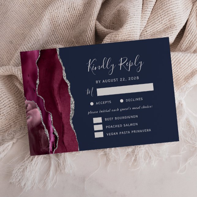Burgundy Silver Agate Navy Meal Options Wedding RSVP Card (Creator Uploaded)