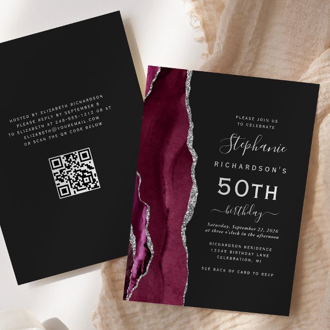 Burgundy Silver Agate QR Code 50th Birthday Invitation (Creator Uploaded)