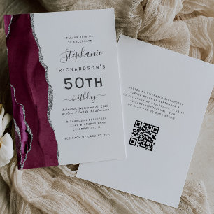 Burgundy Silver Agate QR Code 50th Birthday Invitation