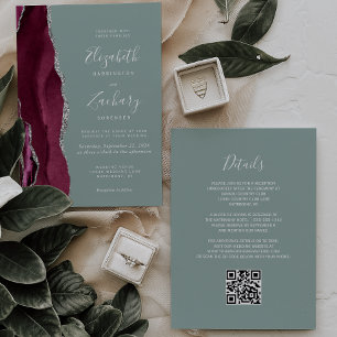 Burgundy Silver Agate Sage Green QR Code Wedding Invitation