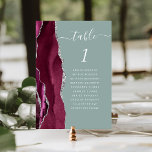 Burgundy Silver Agate Sage Green Wedding Table Number<br><div class="desc">The left-hand edge of this elegant modern wedding table number card features a burgundy red watercolor agate border trimmed with faux silver glitter. The word "table" appears in white handwriting script on a sage green background. Add the names of your guests who are assigned to each table.</div>