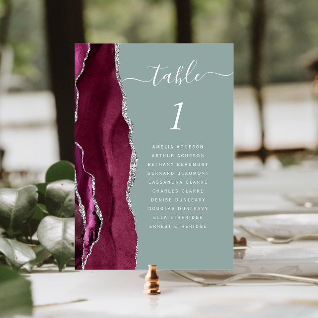 Burgundy Silver Agate Sage Green Wedding Table Number (Creator Uploaded)