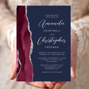 Burgundy Silver Agate Script Navy Blue Wedding Invitation