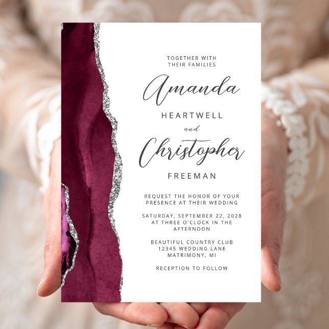 Burgundy Silver Agate Script Wedding Invitation (Creator Uploaded)
