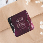 Burgundy Silver Agate Script Wedding Square Sticker<br><div class="desc">This elegant modern wedding sticker features a burgundy red watercolor agate geode design trimmed with faux silver glitter. Easily customize the silver gray text,  with the names of the bride and groom in handwriting calligraphy over a large ampersand and the wedding date below.</div>
