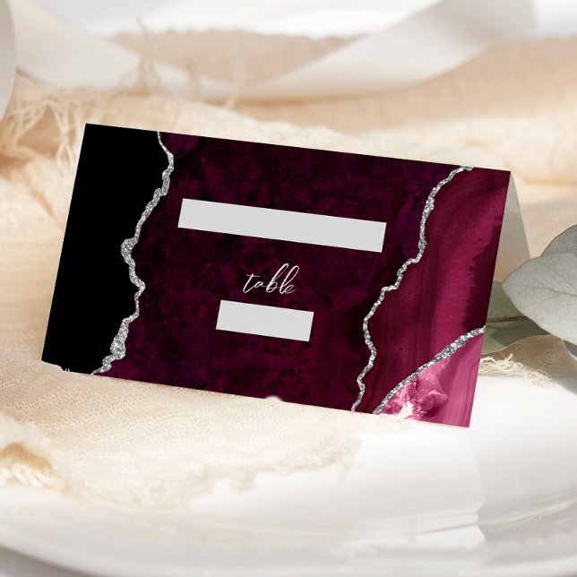 Burgundy Silver Agate Script Wedding Table Place Card (Creator Uploaded)