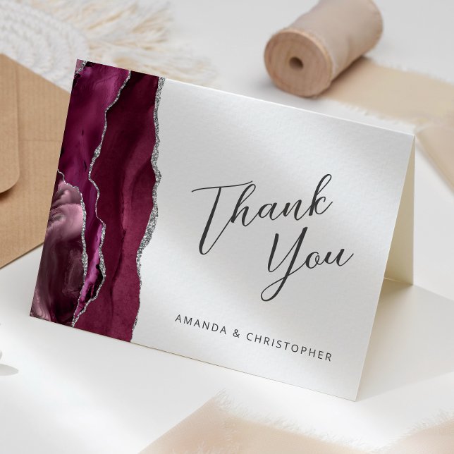 Burgundy Silver Agate Script Wedding Thank You Card (Creator Uploaded)