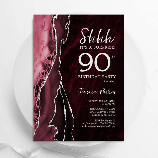 Burgundy Silver Agate Surprise 90th Birthday Invitation (Creator Uploaded)
