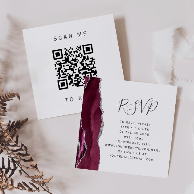 Burgundy Silver Agate Wedding QR Code RSVP Enclosure Card (Creator Uploaded)