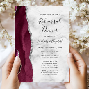 Burgundy Silver Agate Wedding Rehearsal Dinner Invitation