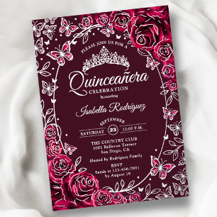 Burgundy Silver Butterflies Roses Quinceanera