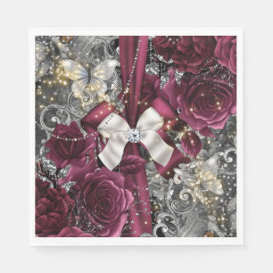 Burgundy silver butterfly rose shabby vintage  napkin