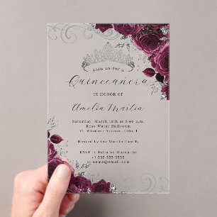 Burgundy Silver Clear Acrylic Floral Quinceanera Acrylic Invitations