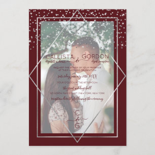 Burgundy Silver Confetti Geo Border Photo Wedding Invitation